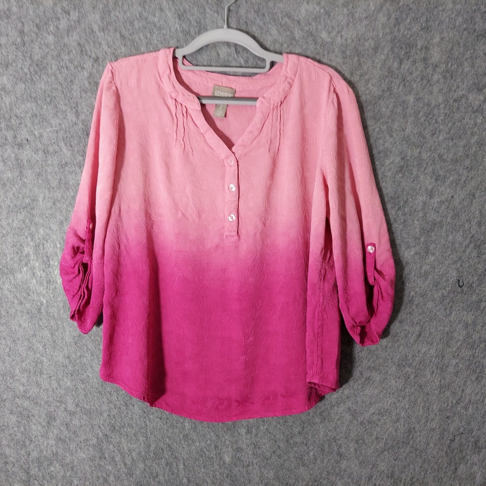 Chicos‎ Top 2 L Pink Boho Ombre Floral Jacquard Roll Tab Sleeve Henley Blouse